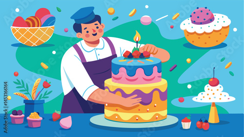 Celebration of dessert skills with a baker decorating a colorful cake in a vibrant bakery filled with sweet treats and cheerful decorations