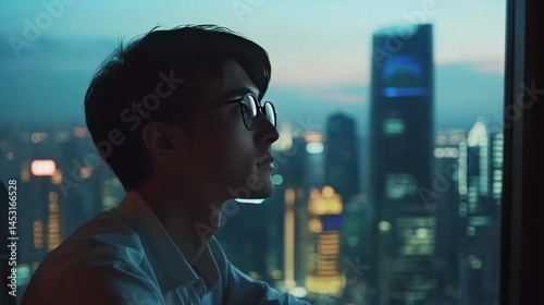 Young professional woman wea glasses working on a laptop at night in office overlooking city skyline with illuminated skyscrapers and urban buildings behind her