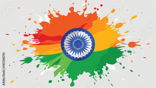 Colorful abstract vector illustration of Indias national flag with splashes of orange, green, and white, showcasing patriotism and national pride during festivities
