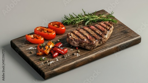Juicy grilled steak with char marks served on rustic wooden cutting board alongside roasted red peppers fresh herbs and coarse salt for delicious outdoor barbecue meal photo