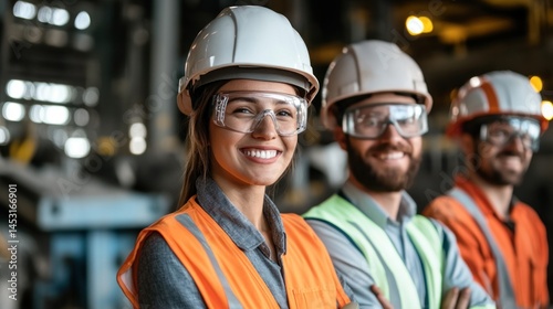Smiling businesspeople in safety gear work together in a coal mine, reflecting teamwork and safety in the industrial sector