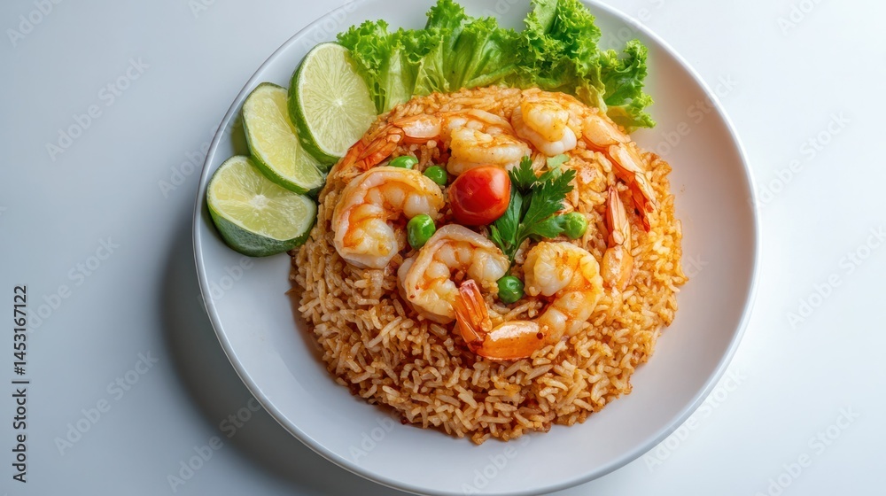 Delicious shrimp fried rice served with fresh lime wedges lettuce and cherry tomato on a white plate on a wooden table side view Delicious shrimp fried rice served with fresh lime wedges lettuce and cherry tomato on a white plate on a wooden table side view