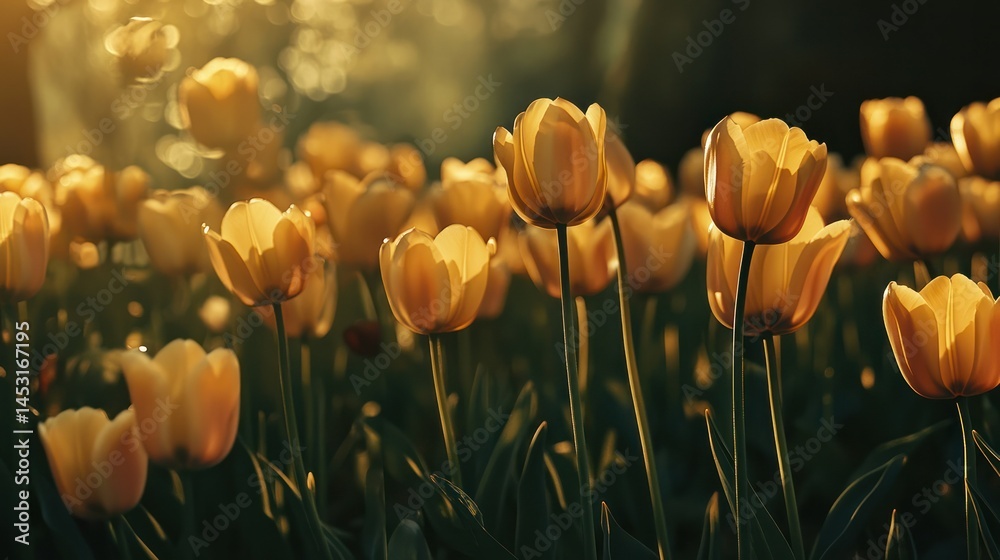 Obraz premium Vibrant yellow tulips blooming in a lush garden du golden hour with warm sunlight creating a serene and peaceful sptime floral scene with soft background blur