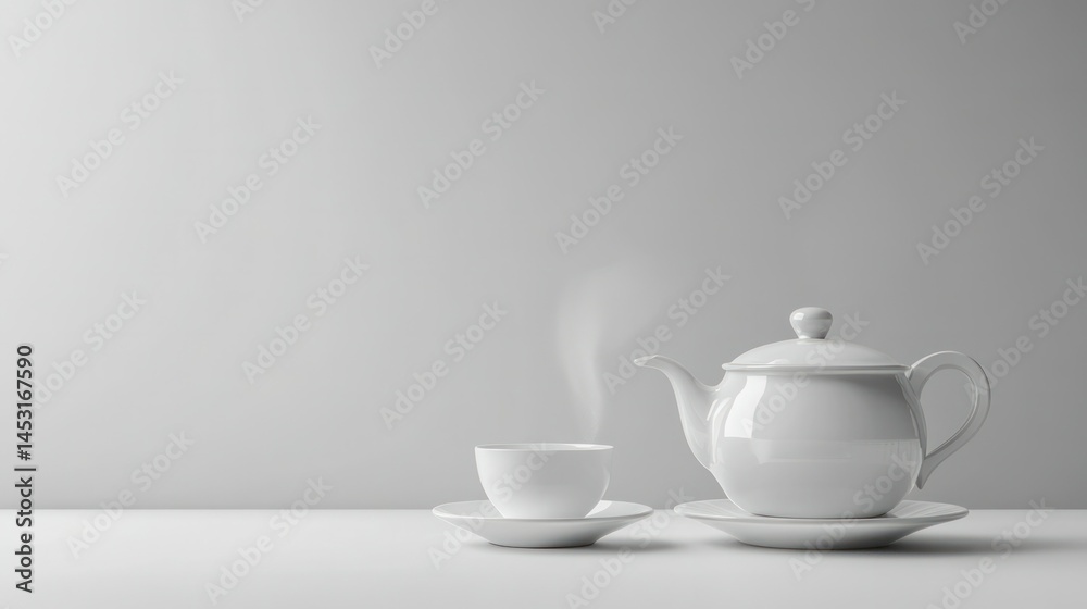 Elegant white porcelain tea set including teapot and cup with steam rising on a light gray background for traditional tea drinking, kitchenware, and serving Elegant white porcelain tea set including teapot and cup with steam rising on a light gray background for traditional tea drinking, kitchenware, and serving