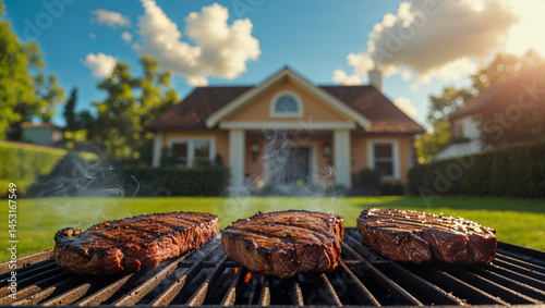 Succulent steaks grilling on a barbecue, perfect for a summer backyard gathering with friends.