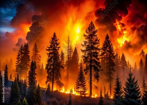 Fiery Inferno: Silhouetted Pines Consumed by Forest Fire at Night