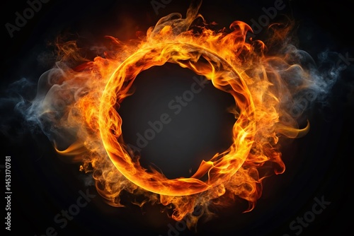 Fiery Ring of Inferno: Intense Orange Fire and Dark Smoke Swirling in Black Background Stock Photo