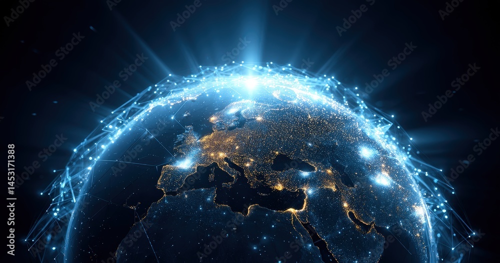 Obraz premium Digital Earth with global network connections glowing in the dark.