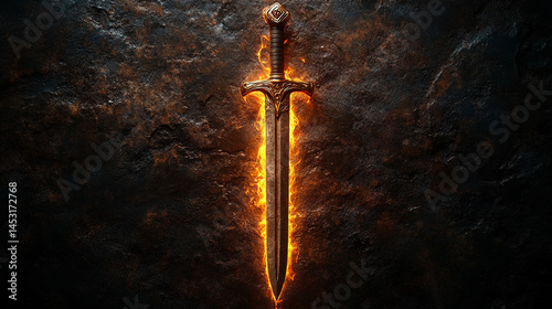 A glowing sword stands upright at the center of a dark background, its long blade engulfed in flame, symbolizing power, justice, and the eternal struggle between light and darkness.

