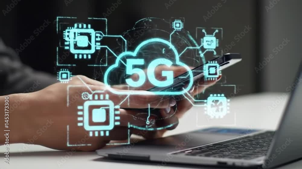 Person holding smartphone with 5g cloud graphic overlay and laptop in the background on white table Person holding smartphone with 5g cloud graphic overlay and laptop in the background on white table