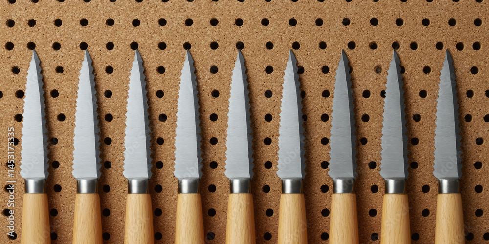 Fototapeta premium A row of carving tools with wooden handles is arranged on a perforated board. Tools display, organization, craftsmanship, woodworking