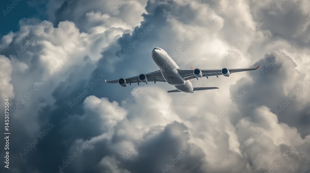 Obraz premium A commercial airplane climbs through the clouds, symbolizing progress and human ambition in aviation.