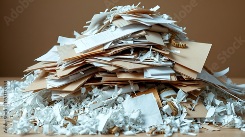 A Pile of Recycled Paper: A visual representation of environmental consciousness, depicting a haphazard stack of shredded documents, cardboard scraps, and assorted paper waste.