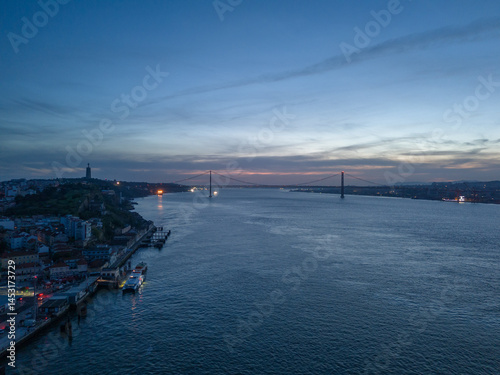 Power Outage in Lisbon. Dark City, 25th of April Suspension Bridge and Tagus River at Evening Twilight. Portugal. 2025 Iberian Peninsula Blackout
