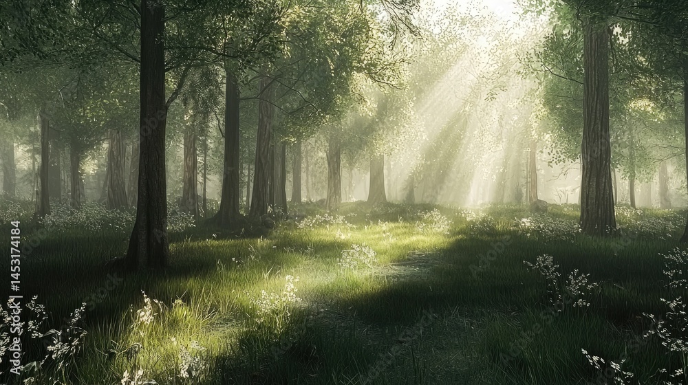 Obraz premium Sunbeams penetrate a tranquil forest glade.