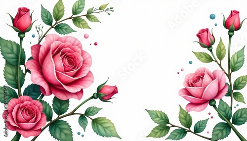 Intricate watercolor rose blooms, lush leaves , decoration, delicate