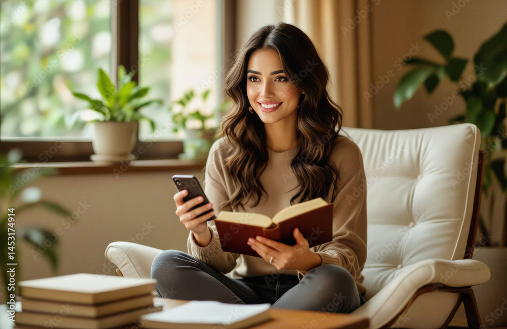 A smiling woman with wavy brown hair sits comfortably in a white armchair, holding a smartphone and an open book near a window with lush greenery visible outside. A smiling woman with wavy brown hair sits comfortably in a white armchair, holding a smartphone and an open book near a window with lush greenery visible outside.