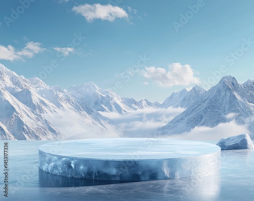 Icy round podium, snow-capped mountains, serene winter landscape  Crystal-clear ice platform, perfect for product display  Blue tones, tranquil scene