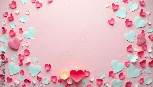 Romantic Pink Background with Paper Hearts and Candle
