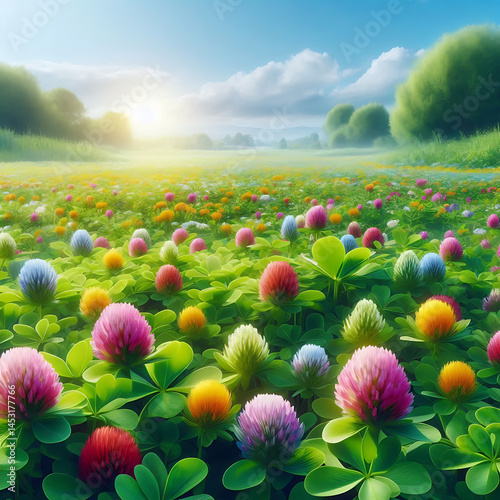 Berseem clover Field for grazing.  Daisy field in the farm or garden in summer season. berseem beautiful.	