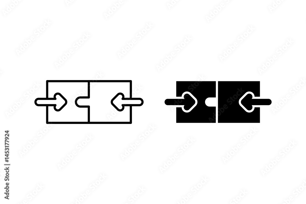 Obraz premium Merger icon with puzzle pieces and opposing arrows in black and white. Suitable for business, finance, teamwork, and partnership concepts.