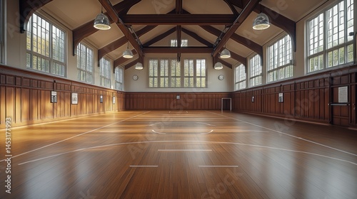 Spacious, wooden-paneled hall with hardwood floor, marked playing area