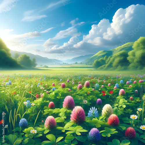 Berseem clover Field for grazing.  Daisy field in the farm or garden in summer season. berseem beautiful.	