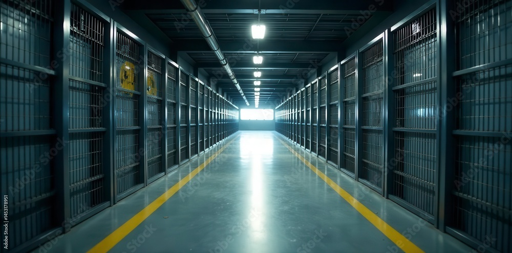 Fototapeta premium Long, empty shelter corridor, steel cages gleam in sunlight , empty space, steel cages, animals