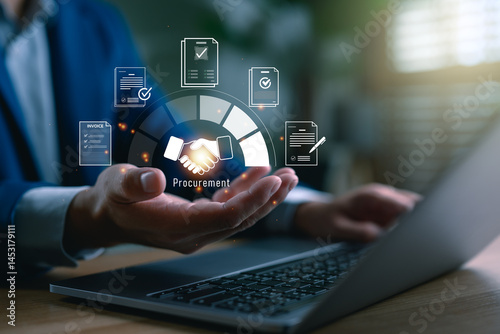 Businessman managing digital procurement process with contract, invoice, approval documents, representing B2B sourcing, vendor management, supply chain, e-procurement, paperless contract workflow.