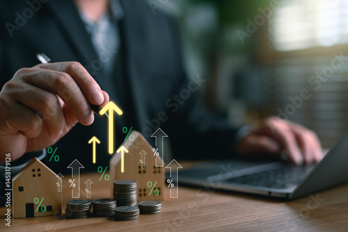 Real estate investor analyzing property value growth with stacked coins, houses, and upward arrows, representing rising mortgage rates, housing market trend, ROI, and smart investment strategy.
