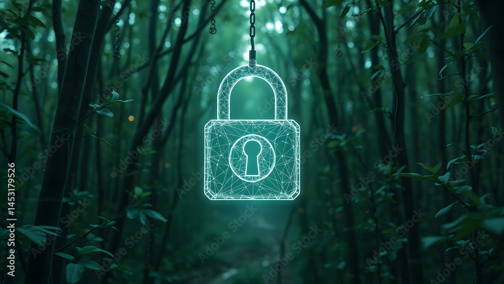 Digital Lock Security A Wireframe Padlock in a Forest
