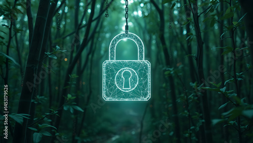 Obraz na płótnie Digital Lock Security A Wireframe Padlock in a Forest w salonie