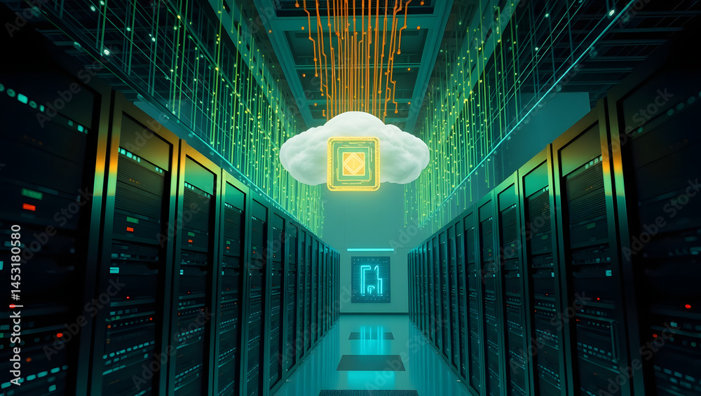 AI-Powered Server Room 3D Visualization of High-Speed Data Transfer and Cloud Computing