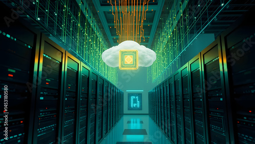 Obraz na płótnie AI-Powered Server Room 3D Visualization of High-Speed Data Transfer and Cloud Computing w salonie