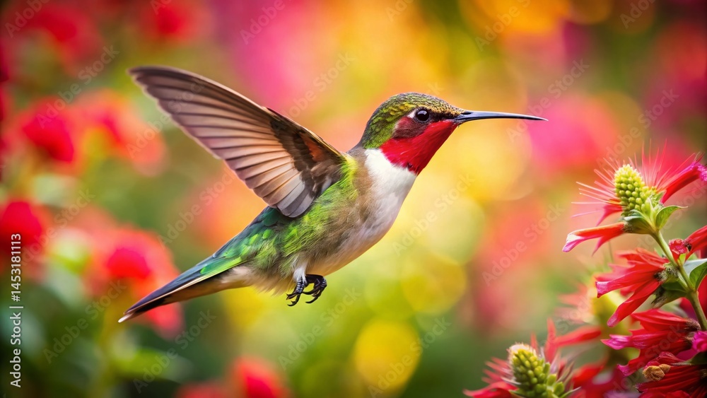Fototapeta premium Long Exposure Ruby-Throated Hummingbird in Flight, Blurry Background, Vibrant Colors