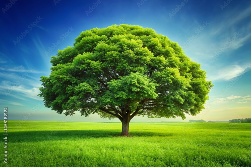 Lush Green Tree on Grass, Isolated Background - High-Resolution Stock Photo