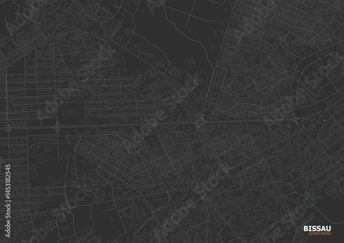 Zoomed-in vector map of Bissau, Guinea-Bissau, featuring highways, buildings, and waterways in a dark theme. Modern, detailed design ideal for urban planning, infographics, or educational use.