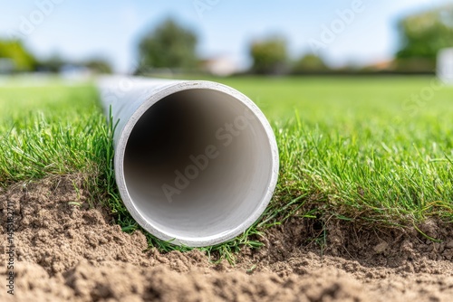 White pipe in a ditch on grassy lawn, ready for installation, for irrigation or drainage.