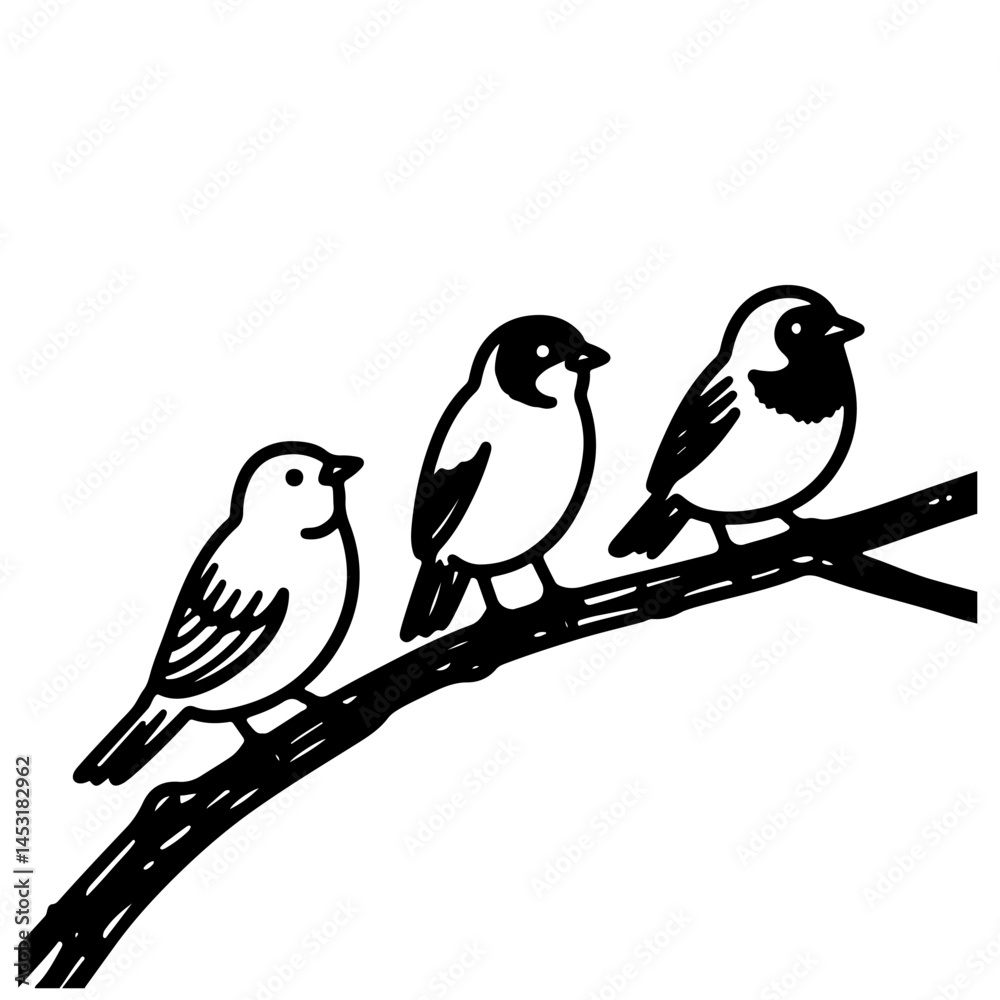 Fototapeta premium Three birds perched on a branch, black and white vector illustration.