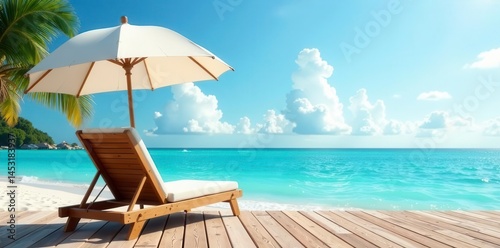Relaxing beach chair under umbrella on wooden deck, holiday, vacation, shady