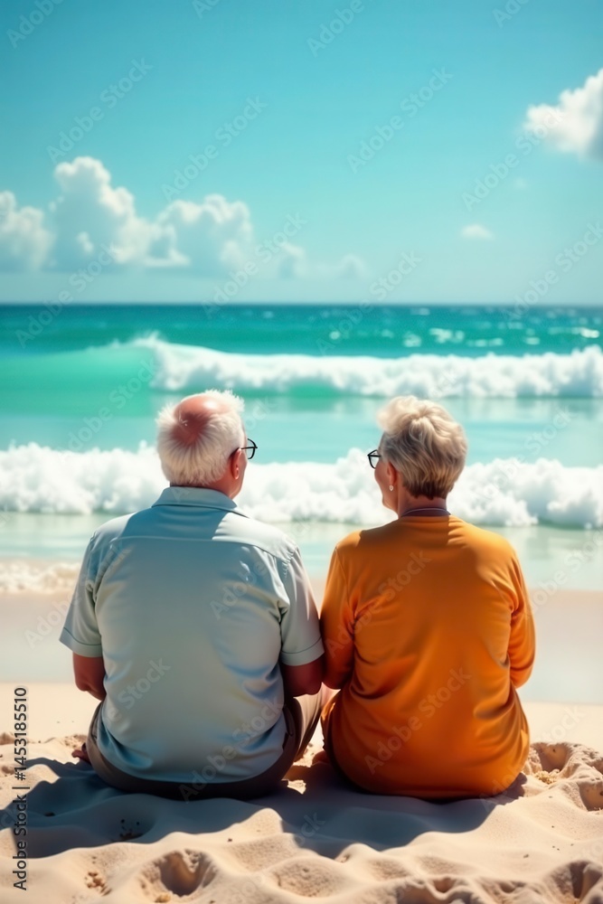 Fototapeta premium Elderly pair seated, watching waves, cheerful expressions, vibrant beach scene, content, elderly, couple
