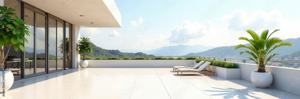 Fototapeta premium Minimalist rooftop terrace, empty, potted plants , apartment building, view