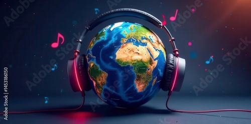 Stylized Earth globe with headphones, music notes , earth, international