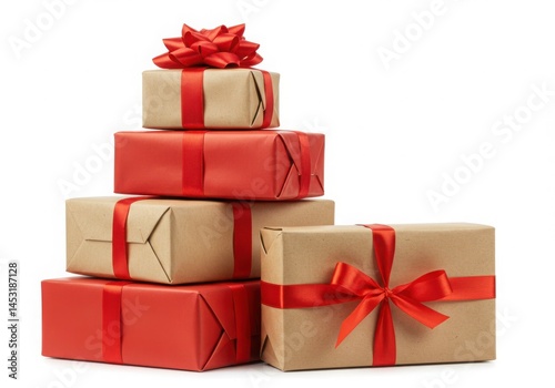 Stack of wrapped gifts with red ribbons on a white background indoors isolated on white background
