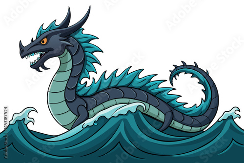 mythical sea dragon with sharp spikes on its back, emerging from stormy waves, showcasing its wild and aggressive nature