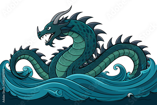 fierce dark sea dragon with spiked scales rising from the waves, symbolizing strength and mythical power