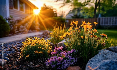 Vibrant Garden Flower Bed at Sunset with Sunlight Streaming Through Rocks and Foliage Video Animation