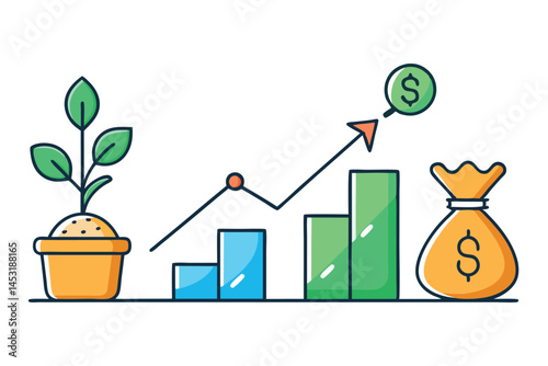 financial growth with a money bag, green plant, and upward graph, showcasing business investment and economic success