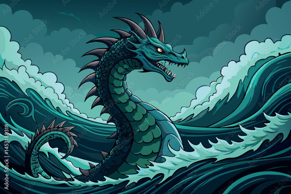 Fototapeta premium Epic sea dragon rising from a stormy ocean with powerful waves, representing strength, mystery, and mythological creatures in a dramatic scene