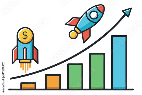 Compound interest investment growth with graphs, rockets, and dollar signs showing upward trend in a modern financial concept